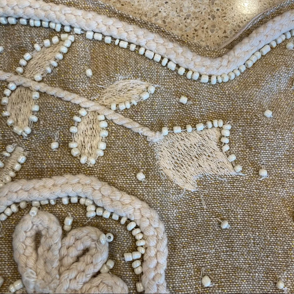 Pier 1 Table Runner Beaded Embroidered Floral Tan‎ 36.5” Long